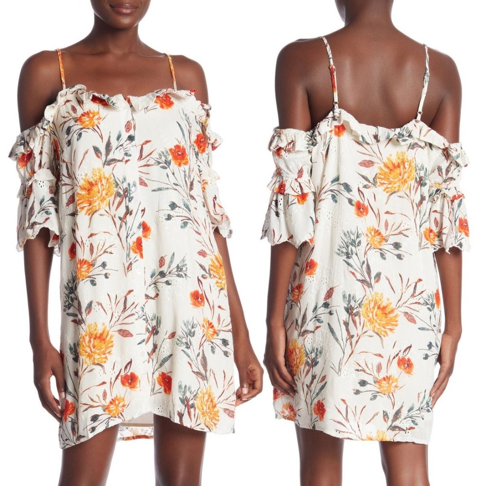 Eyelet Floral Cold Shoulder Ruffle Button Up Dress - Picture 2 of 9